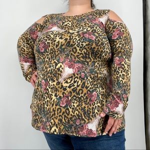 Celeste Leopard Boho Floral Cow Skull Cold Shoulder Tee